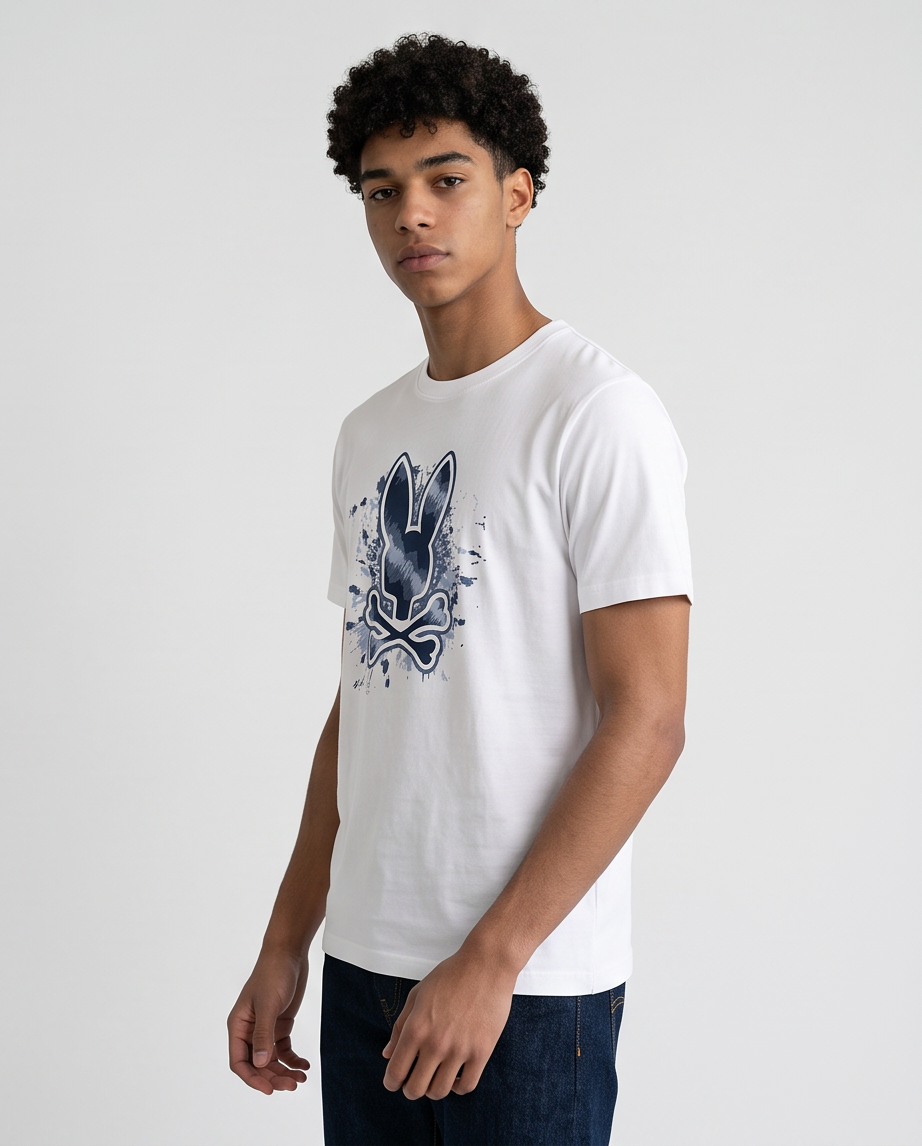 Camiseta Psycho Bunny Logo Splash Azul Marino Blanca Hombre - Manga Corta Algodón