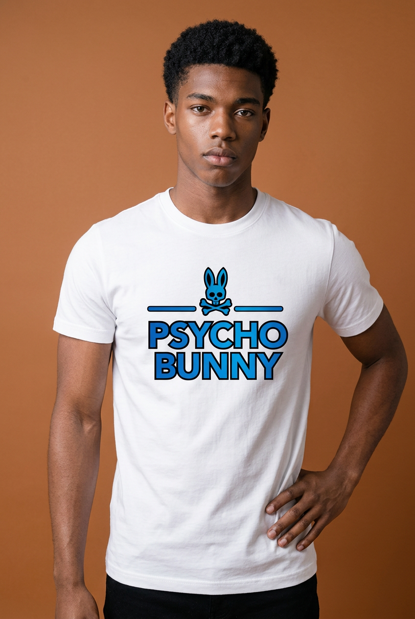 Camiseta Psycho Bunny Logo Texto Azul Blanca Hombre - Manga Corta Algodón