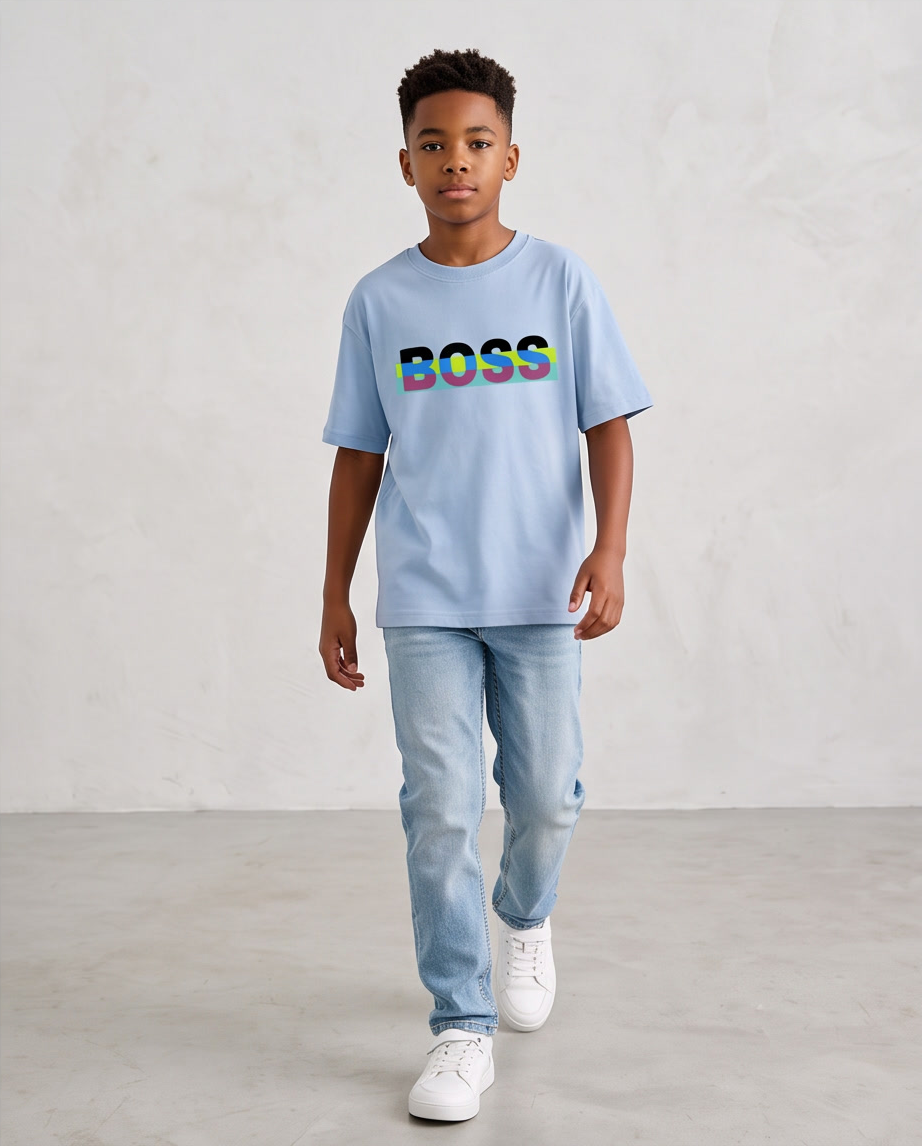 Camiseta Hugo Boss Neon Stripe Logo Azul Cielo - Niños Oversize