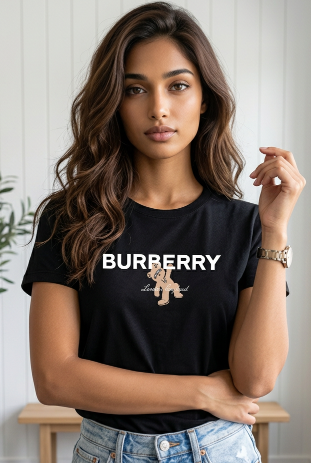 Camiseta Burberry Thomas Bear Logo Blanco Negra Mujer - Manga Corta Tela Fría