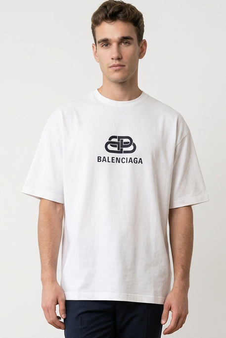 Camiseta Balenciaga Logo BB Clasico Blanca Oversize Hombre - Manga Corta Algodón