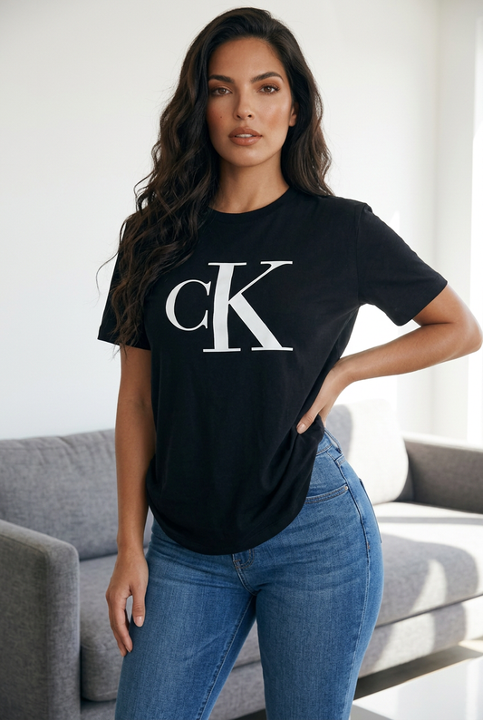 Camiseta Calvin Klein CK Logo Grande Blanco Negra Mujer - Manga Corta Tela Fría