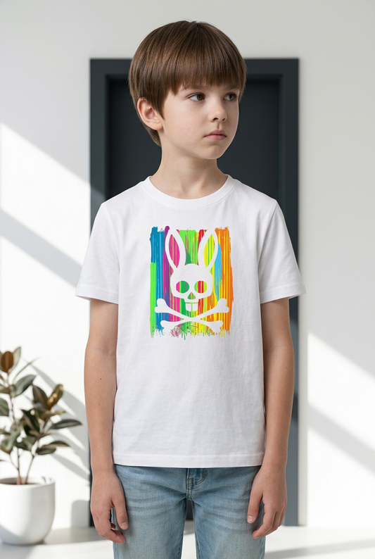 Camiseta Psycho Bunny Logo Arcoiris Splash Blanca - Niños Oversize