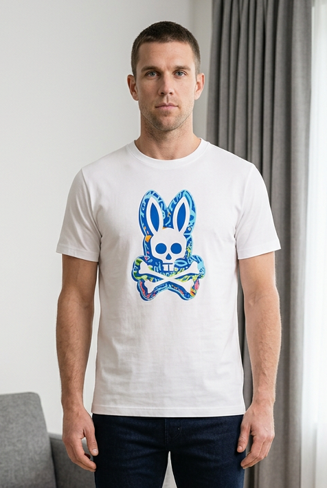 Camiseta Psycho Bunny Logo Floral Azul Blanca Hombre - Manga Corta Algodón