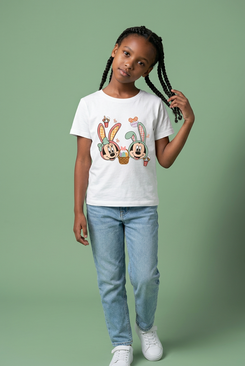 Camiseta Minnie Mickey Conejos Pascua Blanca Niña - Manga Corta Algodón Infantil