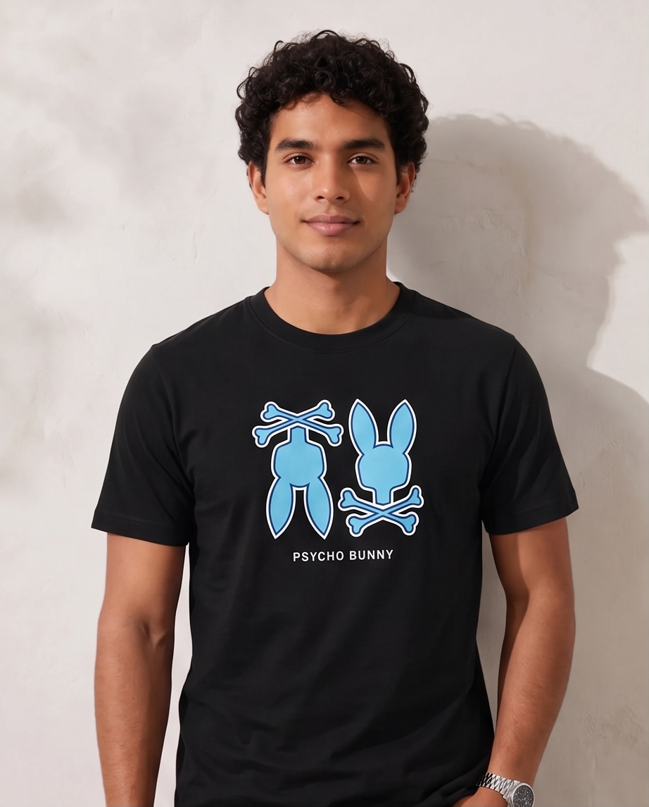 Camiseta Hombre Psycho Bunny Doble Conejo Negra Regular Fit