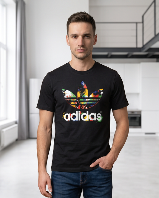Camiseta Adidas Trebol Splash Multicolor Negra Hombre - Manga Corta Algodón