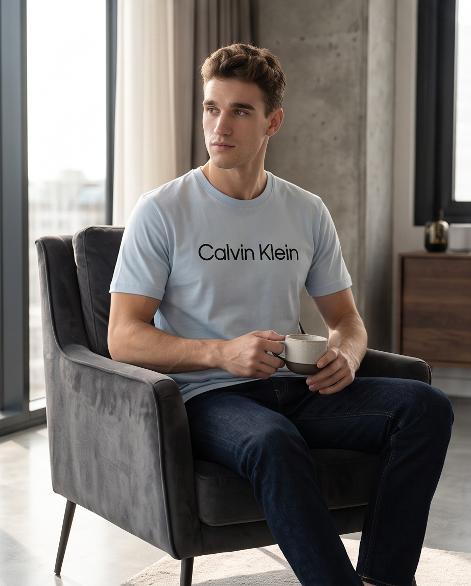 Camiseta Calvin Klein Logo Azul Medio – Regular Fit Hombre