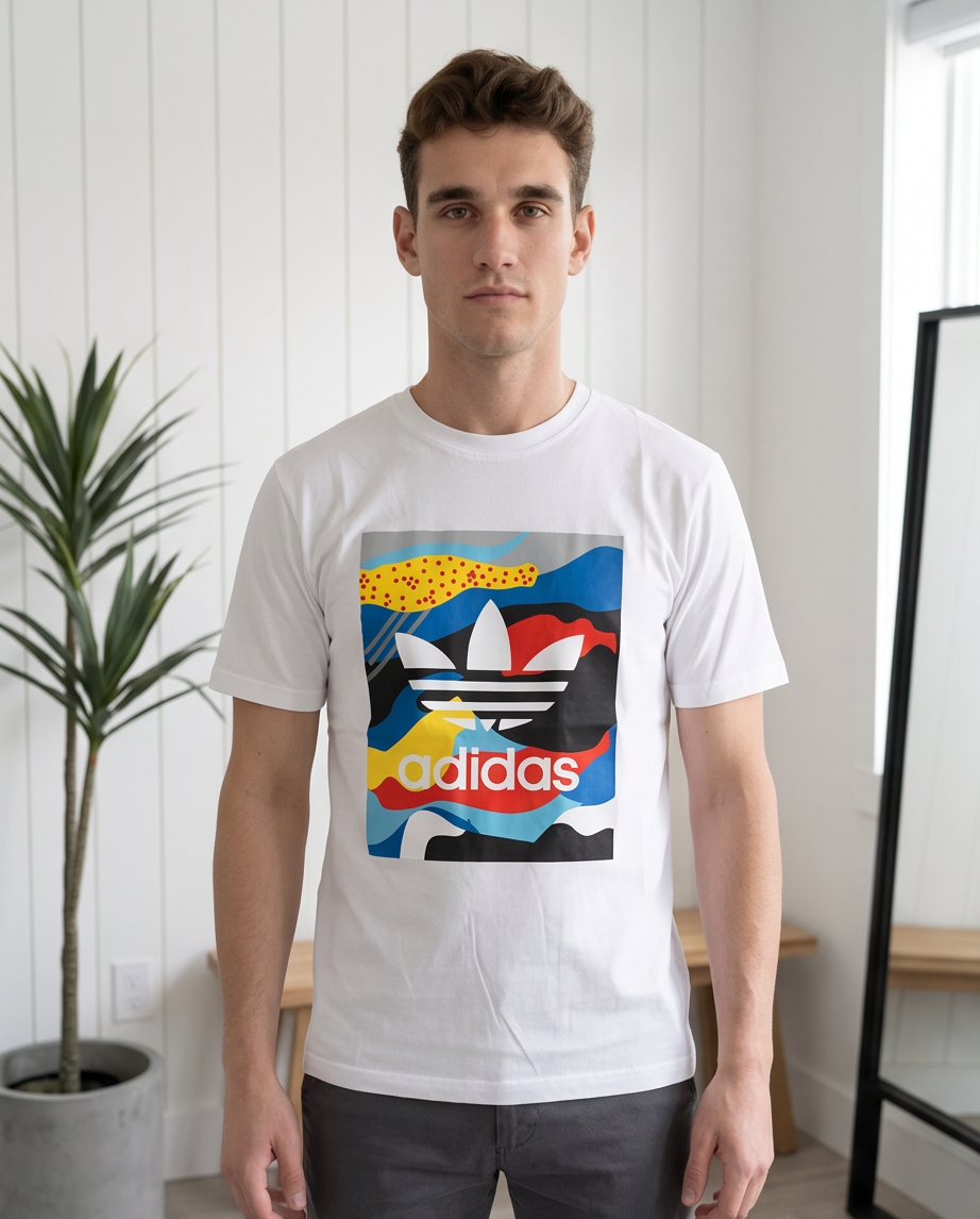 Camiseta Adidas Trebol Paisaje Abstracto Blanca Hombre - Manga Corta Algodón
