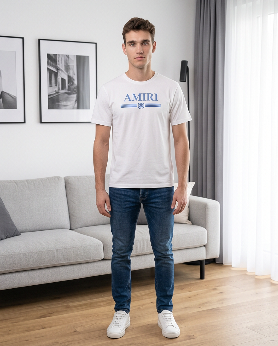 Camiseta Amiri Logo Bar Azul Blanca Hombre - Manga Corta Algodón