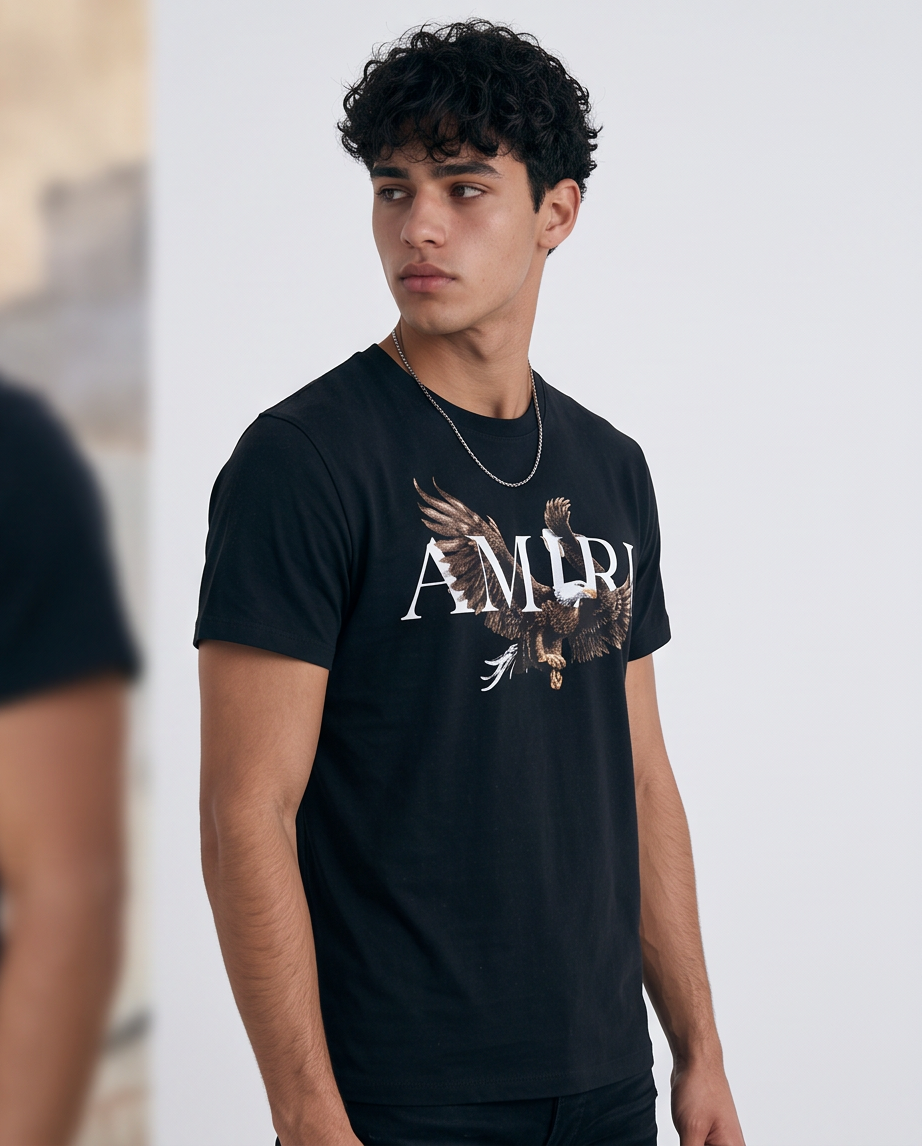 Camiseta Amiri Logo Aguila Realista Negra Hombre - Manga Corta Algodón
