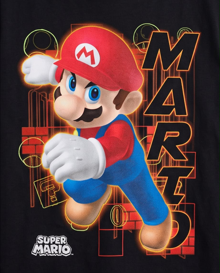 Camiseta Super Mario Salto Letras Doradas Negra - Niños Oversize
