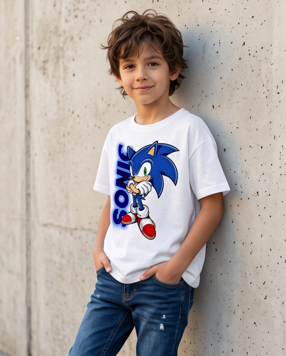 Camiseta Sonic Personaje Azul Blanca - Niños Oversize