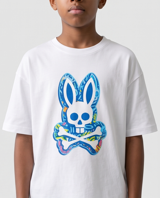 Camiseta Psycho Bunny Logo Floral Azul Blanca Niño - Niños Oversize
