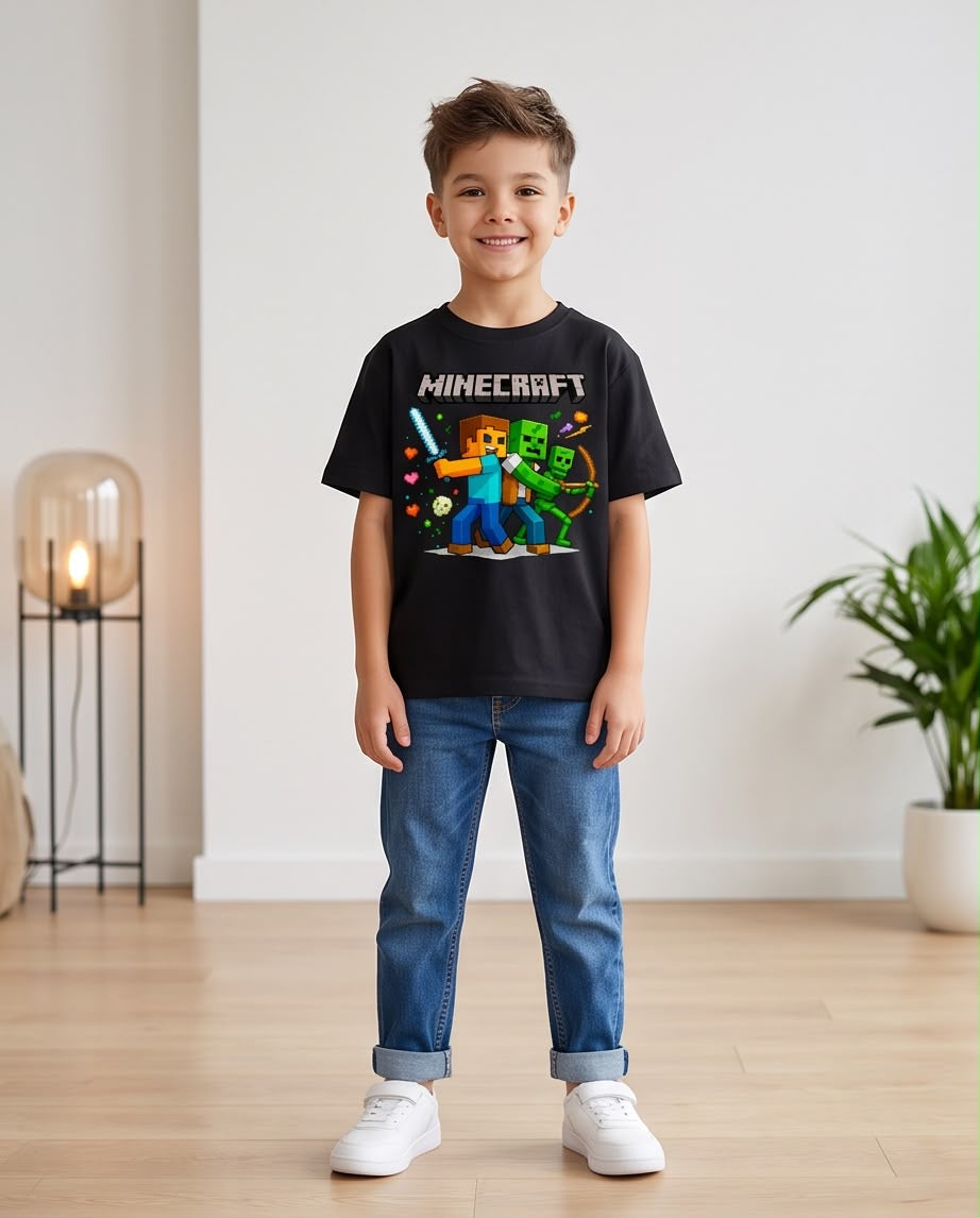 Camiseta Minecraft Batalla Steve Zombie Negra Niño - Niños Oversize