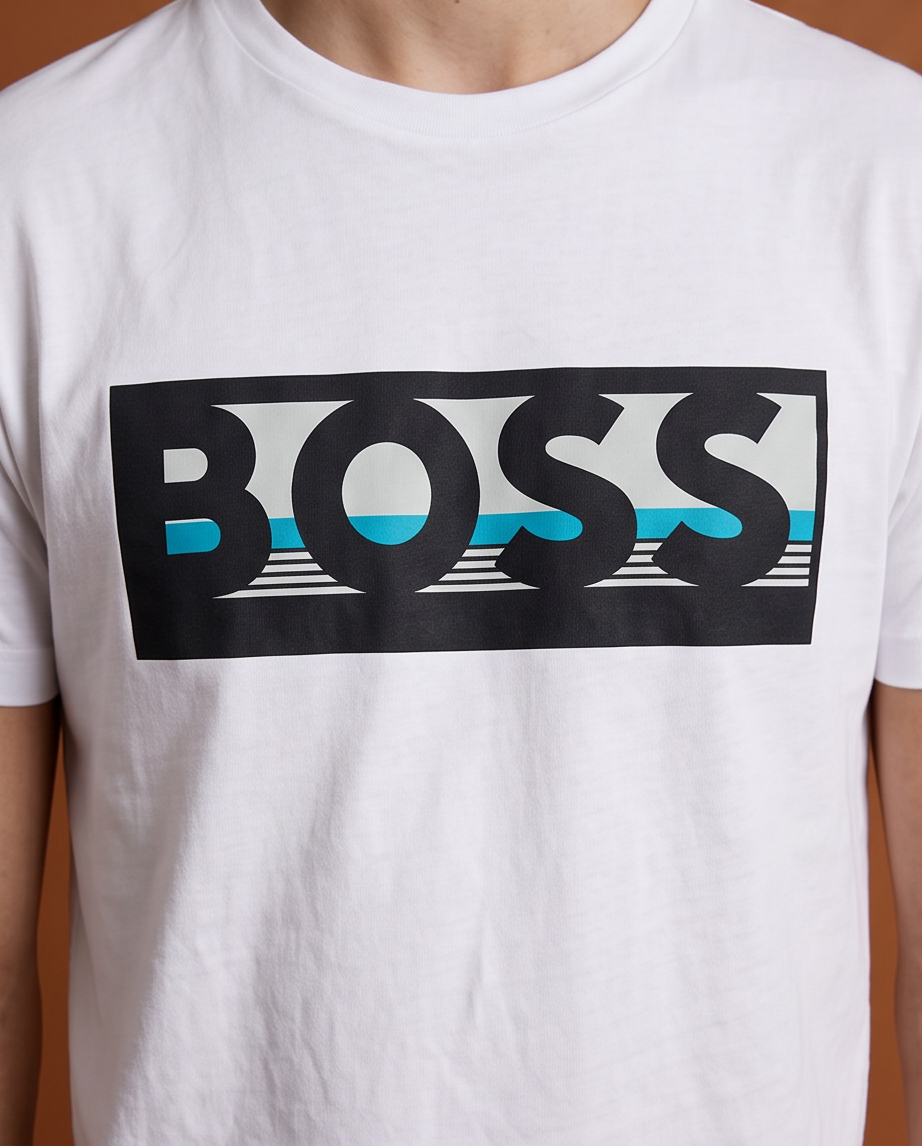 Camiseta Hugo Boss Logo Recuadro Turquesa Blanca Hombre - Manga Corta Algodón