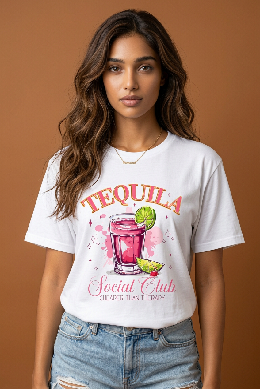 Camiseta Tequila Social Club Cheaper Than Therapy Rosa Blanca Mujer - Manga Corta Tela Fría