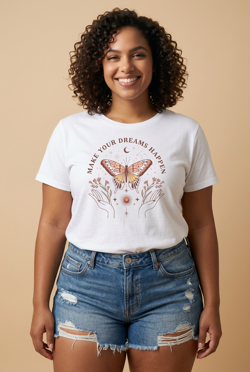 Camiseta Make Your Dreams Happen Mariposa Boho Blanca Mujer - Manga Corta Tela Fría