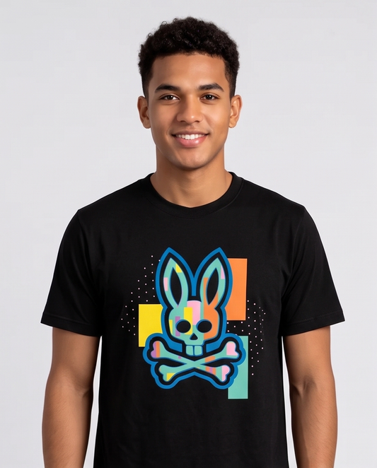 Camiseta Hombre Psycho Bunny Geométrico Multicolor Negra Regular Fit