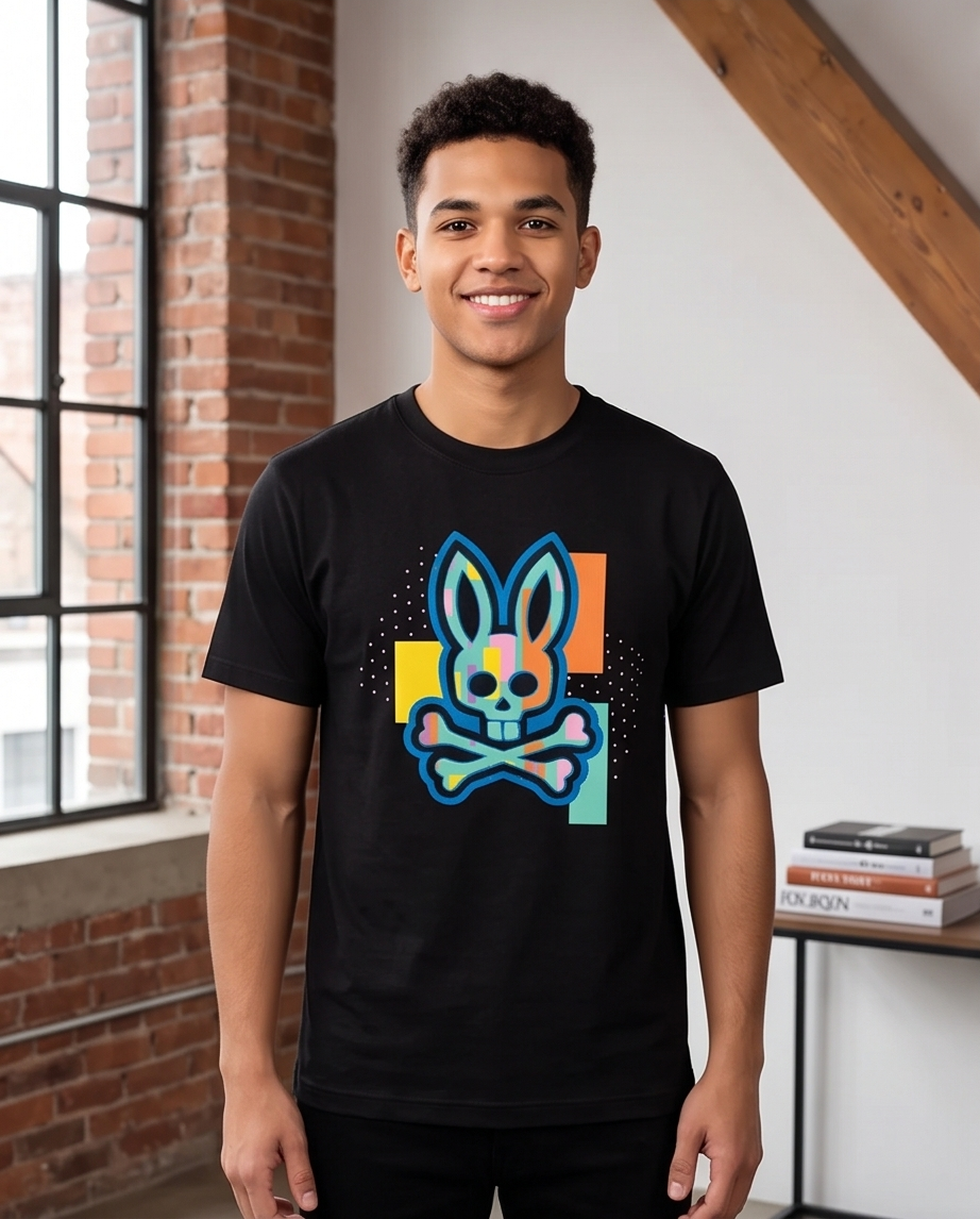 Camiseta Hombre Psycho Bunny Geométrico Multicolor Negra Regular Fit