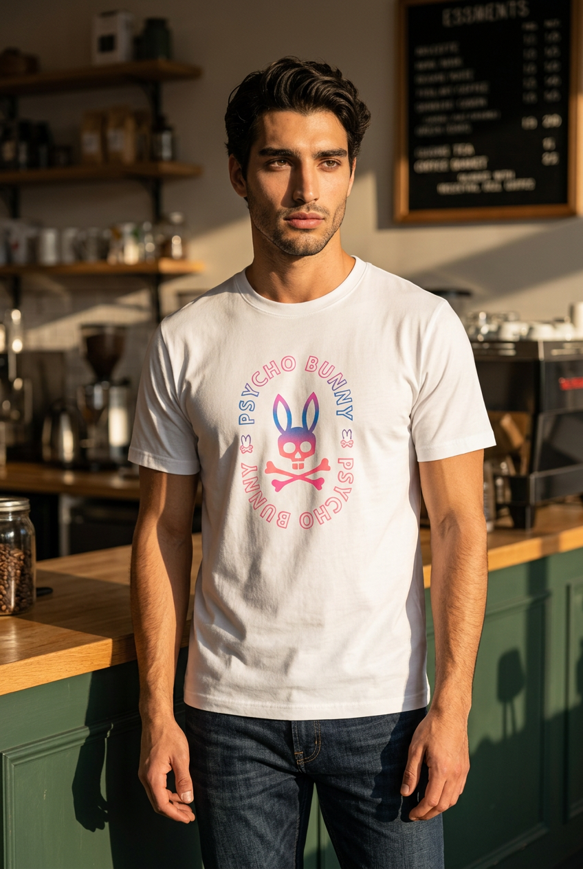 Camiseta Psycho Bunny Sello Degradado Blanca Hombre - Manga Corta Algodón