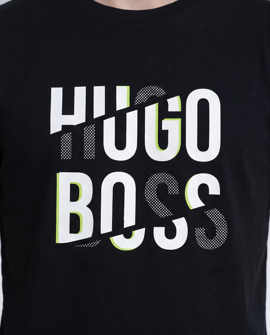 Camiseta Hugo Boss Logo Texturado Verde Lima Negra Hombre - Manga Corta Algodón