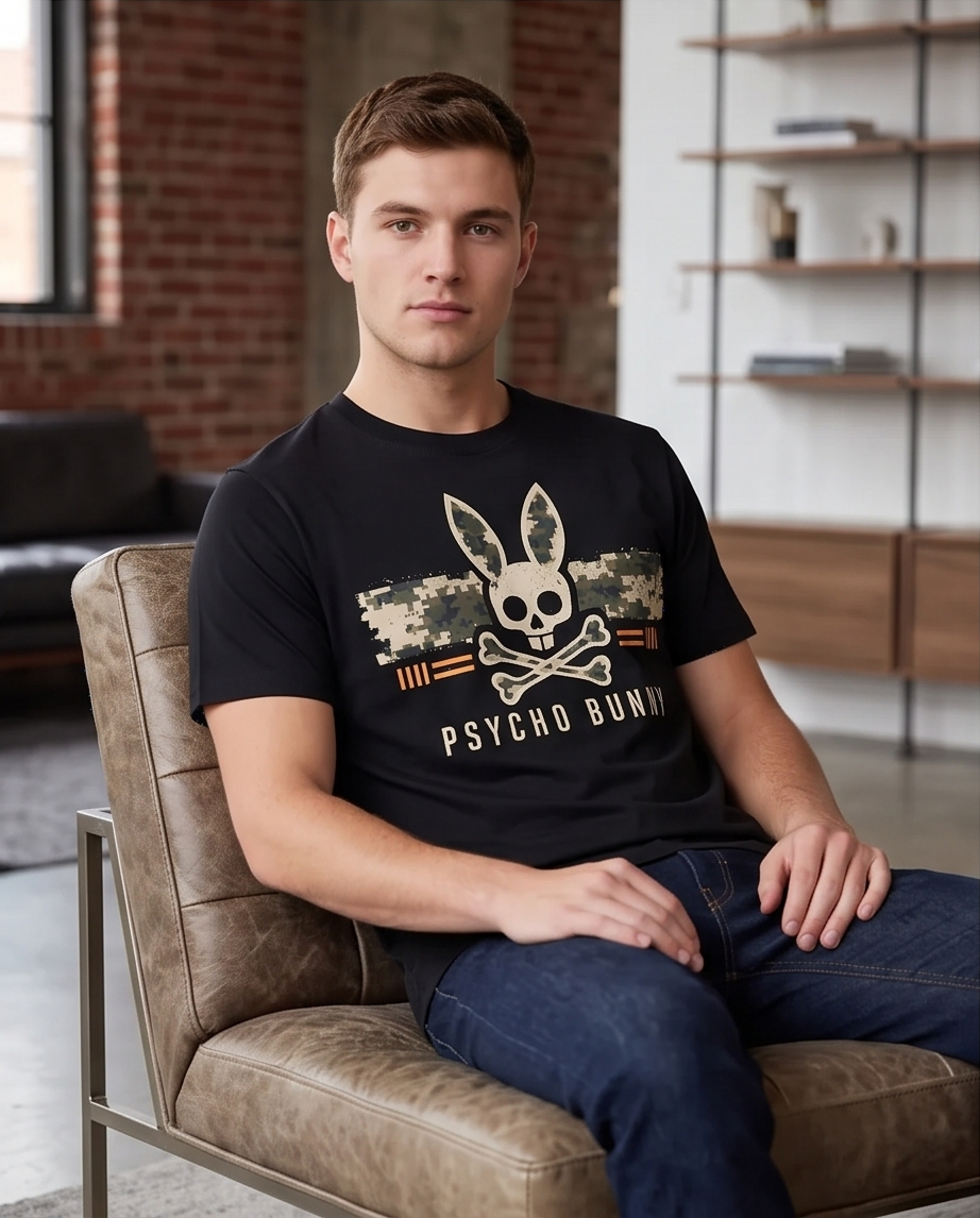 Camiseta Hombre Psycho Bunny Camuflada negra Regular Fit