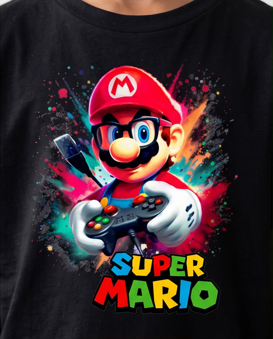 Camiseta Super Mario Gamer Control Explosion Negra - Niños Oversize