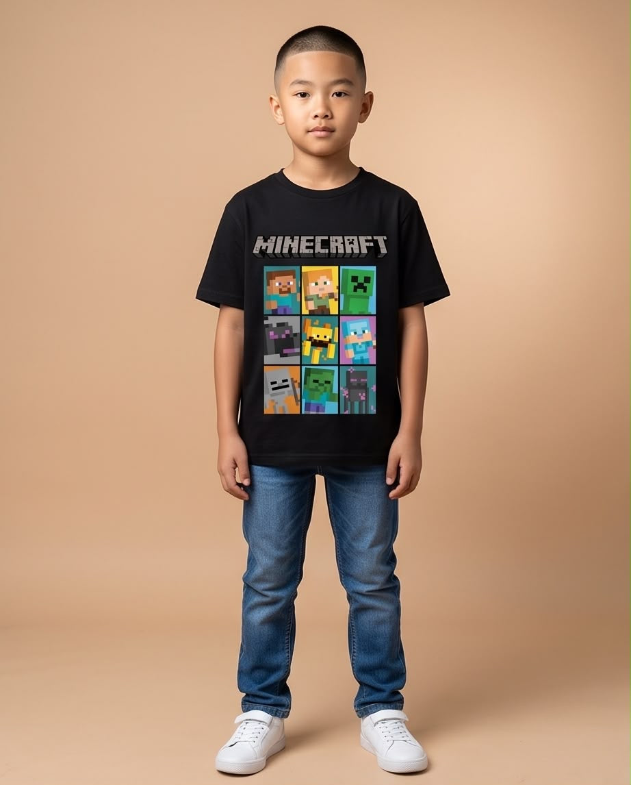 Camiseta Minecraft Personajes Grid Multicolor Negra - Niños Oversize