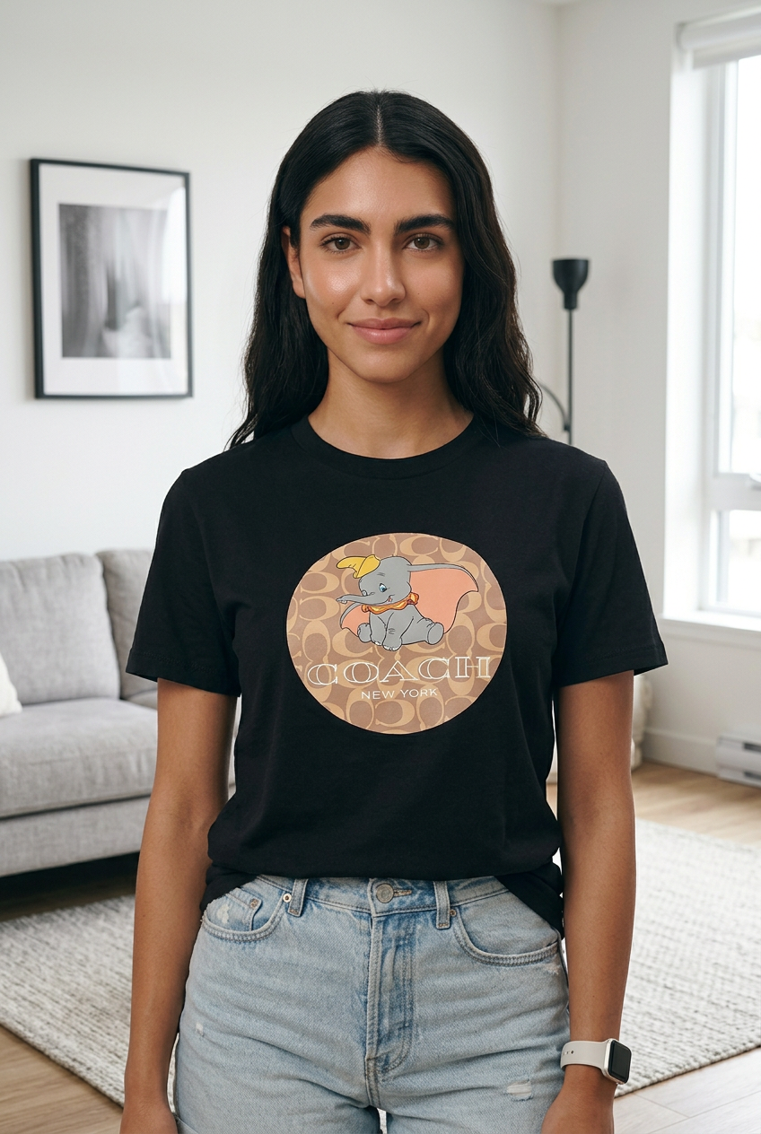 Camiseta Coach Dumbo Monograma C Camel Negra Mujer - Manga Corta Tela Fría