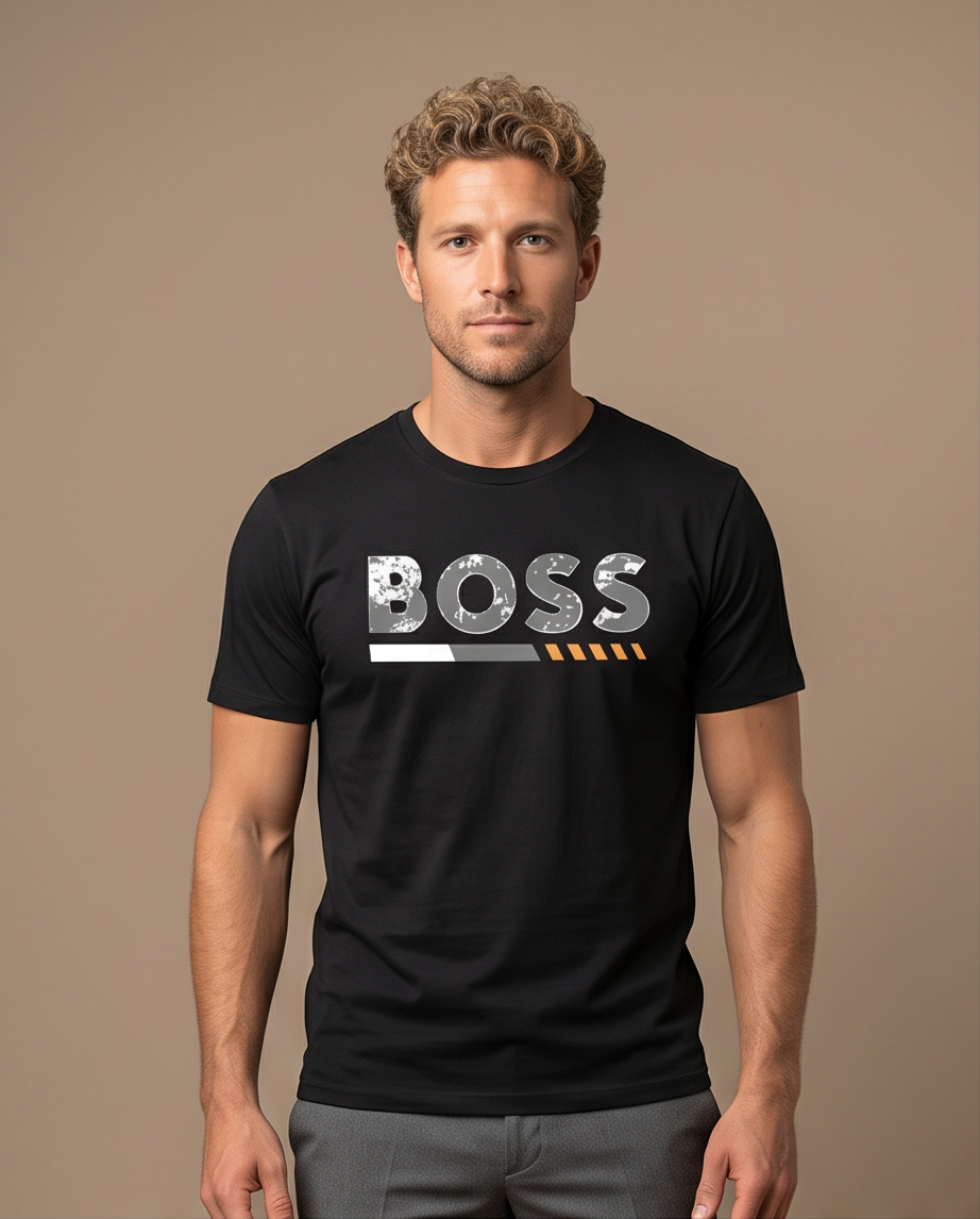Camiseta Hugo Boss Logo Texturado Detalle Naranja Negra Hombre - Manga Corta Algodón