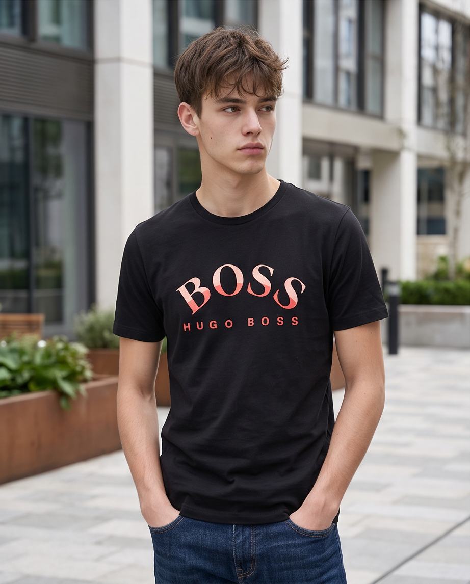 Camiseta Hugo Boss Logo Rojo Coral Negra Hombre - Manga Corta Algodón