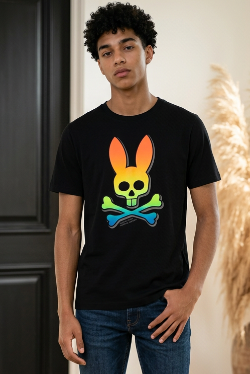 Camiseta Psycho Bunny Logo Degradado Arcoiris Negra Hombre - Manga Corta Algodón