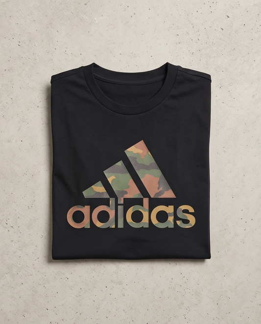 Camiseta Adidas Logo Camuflado Dorado Negra - Niños Oversize