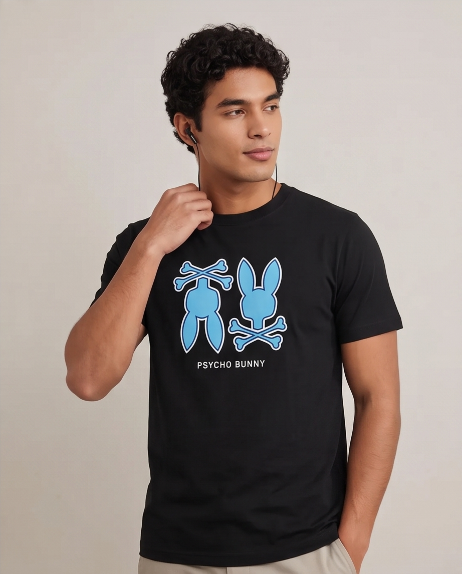 Camiseta Hombre Psycho Bunny Doble Conejo Negra Regular Fit