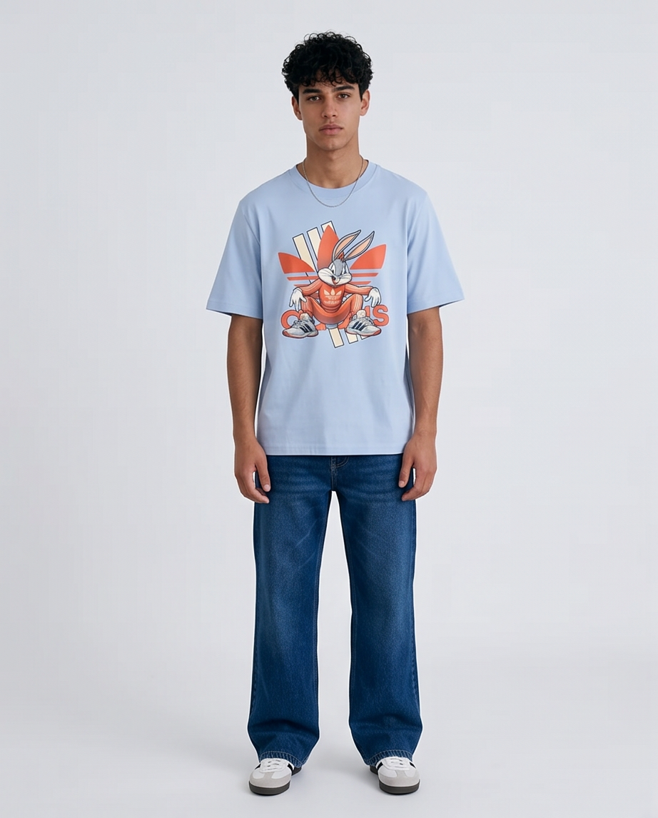 Camiseta Bugs Bunny Adidas Naranja Azul Claro Hombre - Manga Corta Oversize