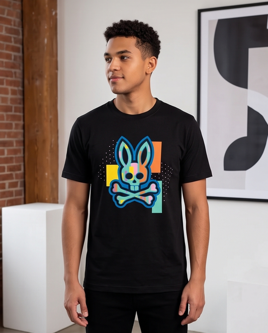 Camiseta Hombre Psycho Bunny Geométrico Multicolor Negra Regular Fit