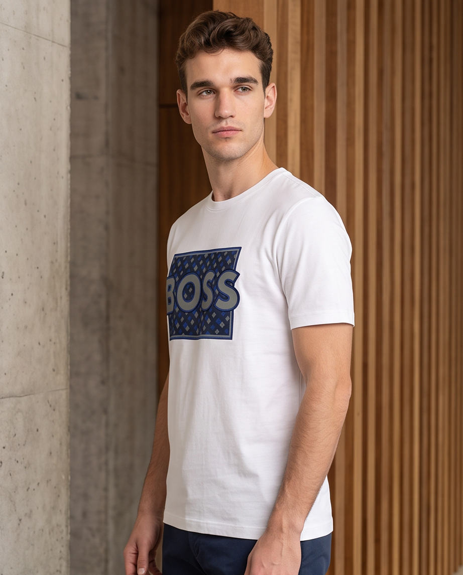 Camiseta Hugo Boss Logo Monograma Azul Blanca Hombre - Manga Corta Algodón