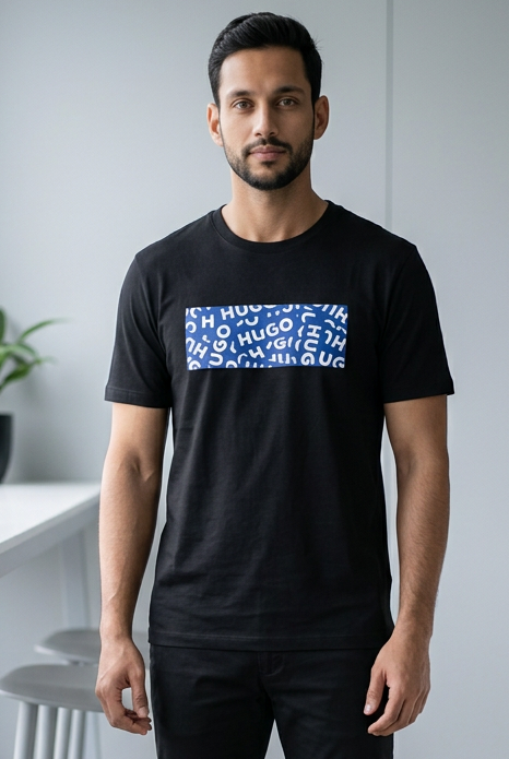 Camiseta Hugo Boss Recuadro Logo Repetido Azul Negra Hombre - Manga Corta Algodón