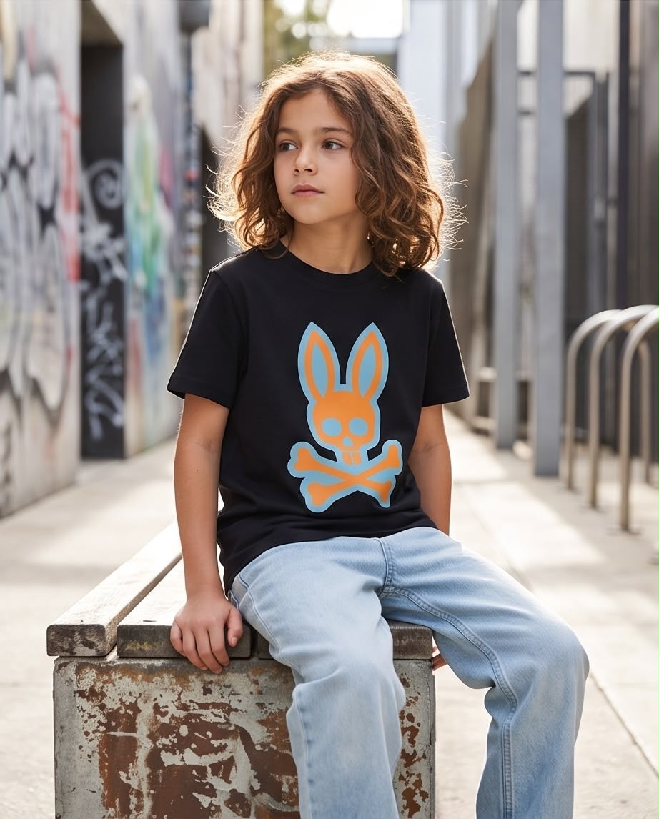 Camiseta Psycho Bunny Logo Naranja Azul Cielo Negra - Niños Oversize