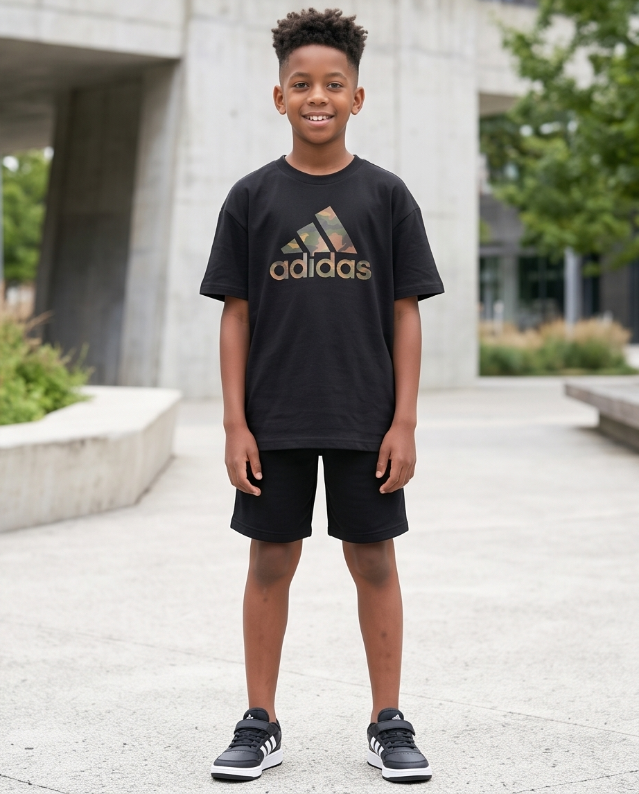 Camiseta Adidas Logo Camuflado Dorado Negra - Niños Oversize