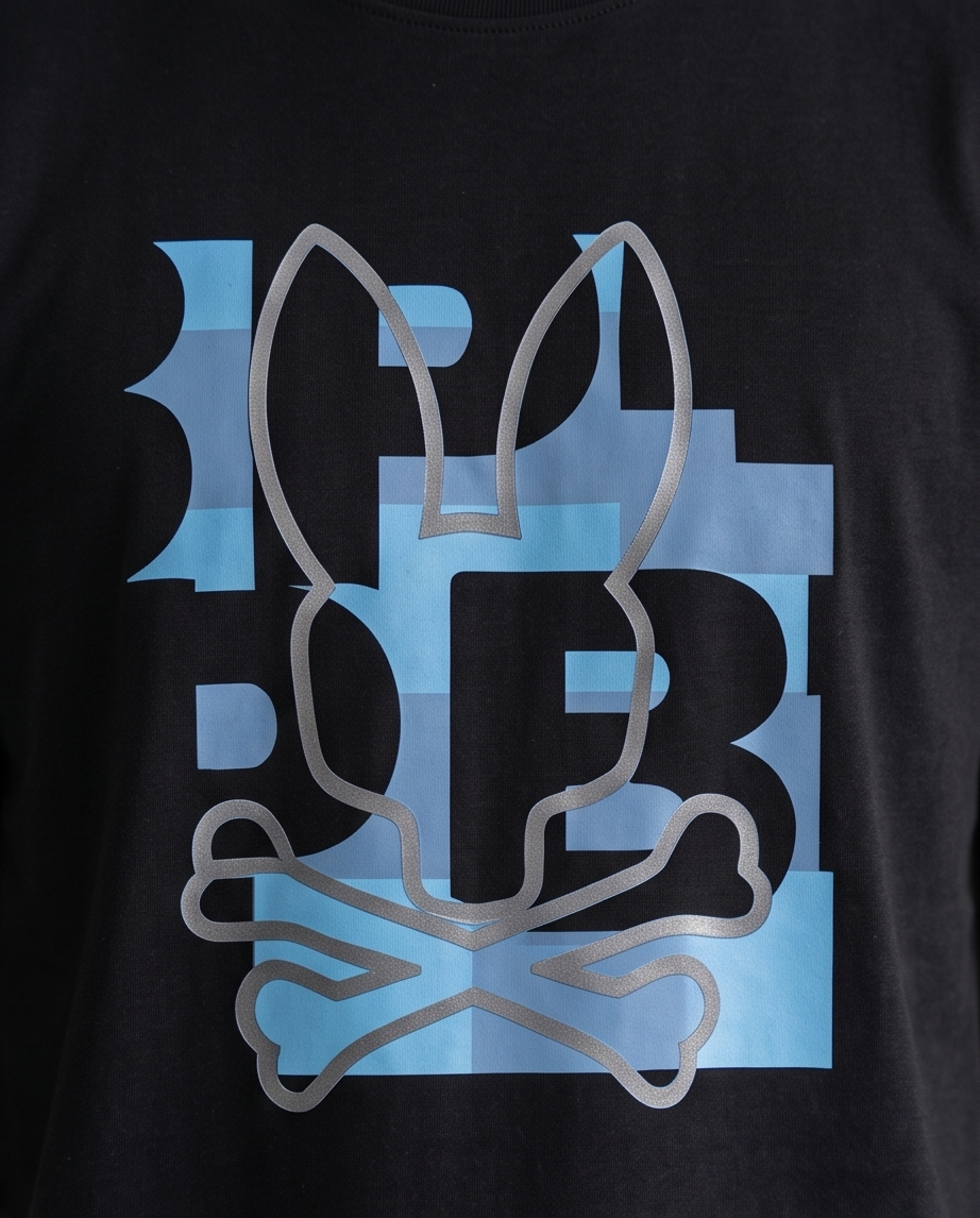 Camiseta Psycho Bunny Logo Geometrico Azul Negra Hombre - Manga Corta Algodón