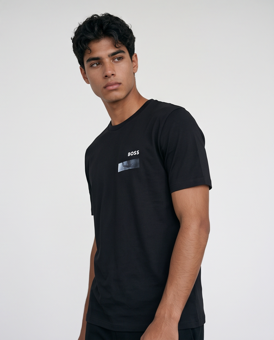 Camiseta Hugo Boss Logo Pecho Recuadro Foto Negra Hombre - Manga Corta Algodón