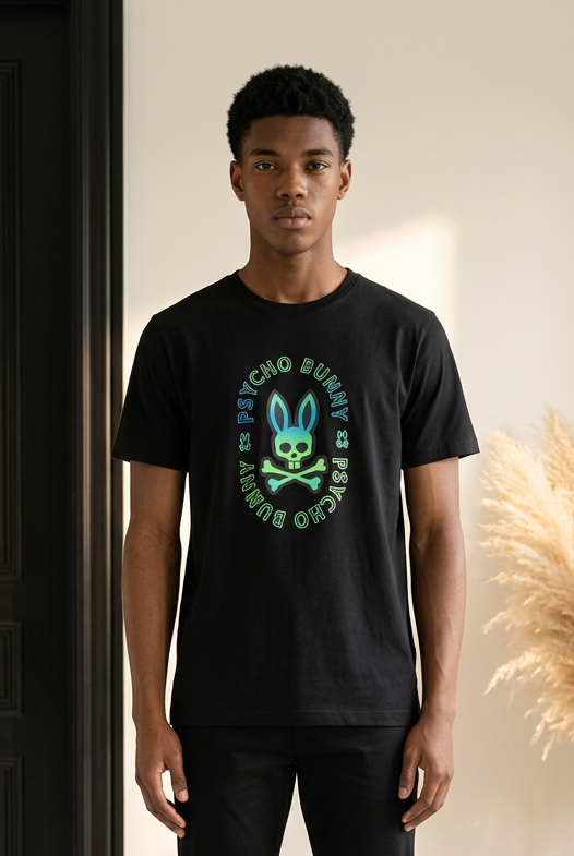Camiseta Psycho Bunny Sello Circular Neon Negra Hombre - Manga Corta Algodón