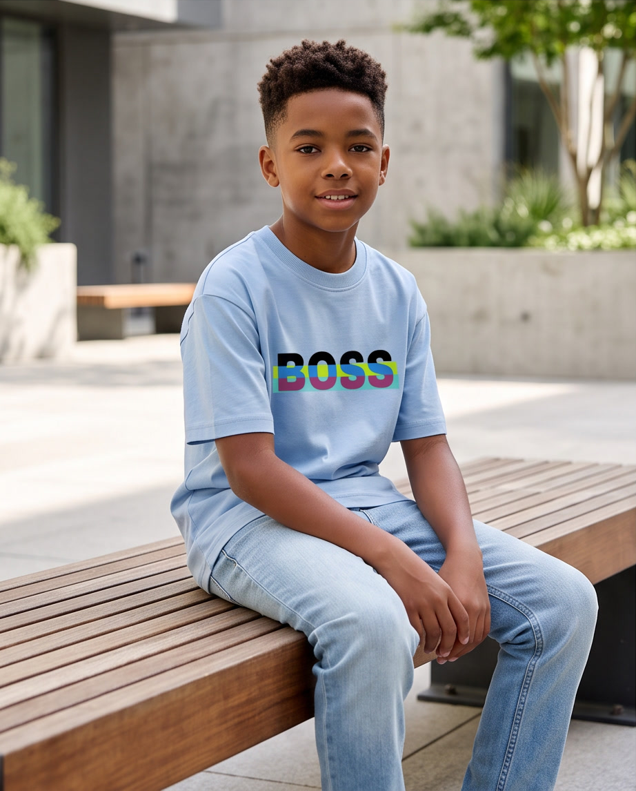 Camiseta Hugo Boss Neon Stripe Logo Azul Cielo - Niños Oversize
