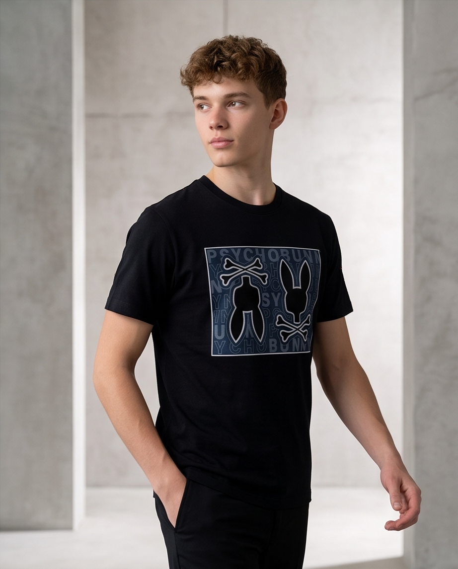 Camiseta Psycho Bunny Double Skull Panel Azul Marino Negro Hombre - Manga Corta