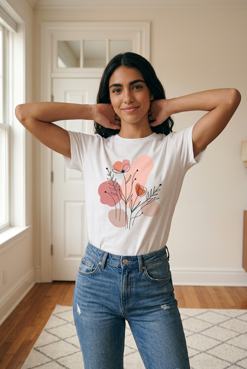 Camiseta Flores Silvestres Line Art Minimalista Rosa Blanca Mujer - Manga Corta Tela Fría