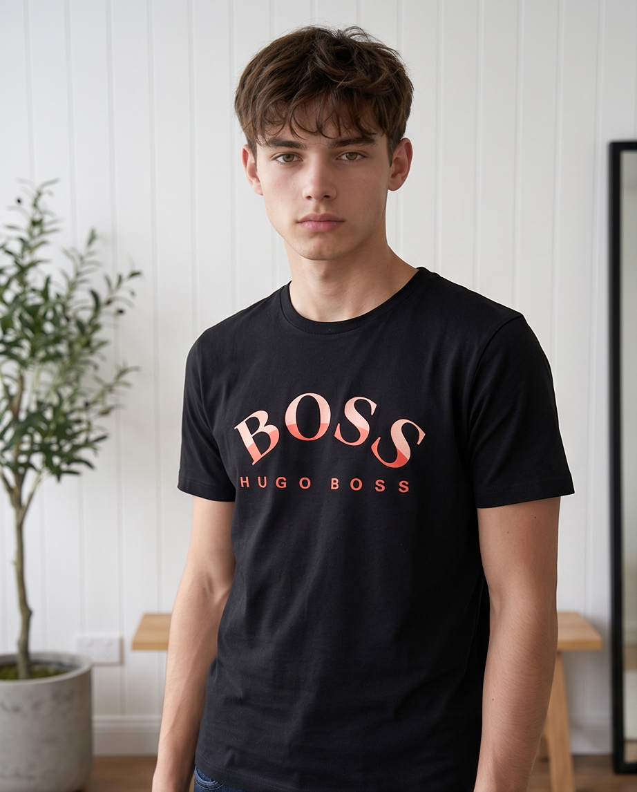 Camiseta Hugo Boss Logo Rojo Coral Negra Hombre - Manga Corta Algodón