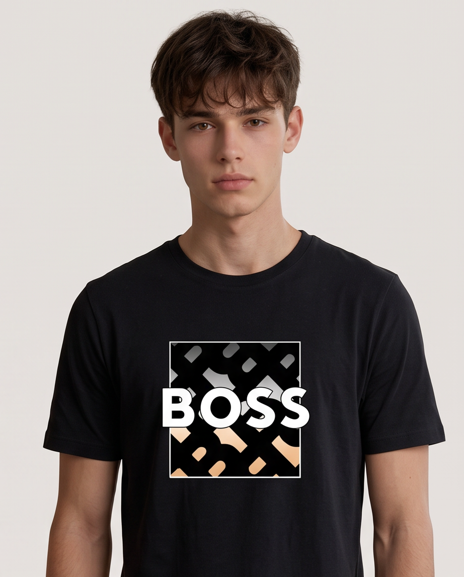 Camiseta Hugo Boss Logo Recuadro Geometrico Negra Hombre - Manga Corta Algodón
