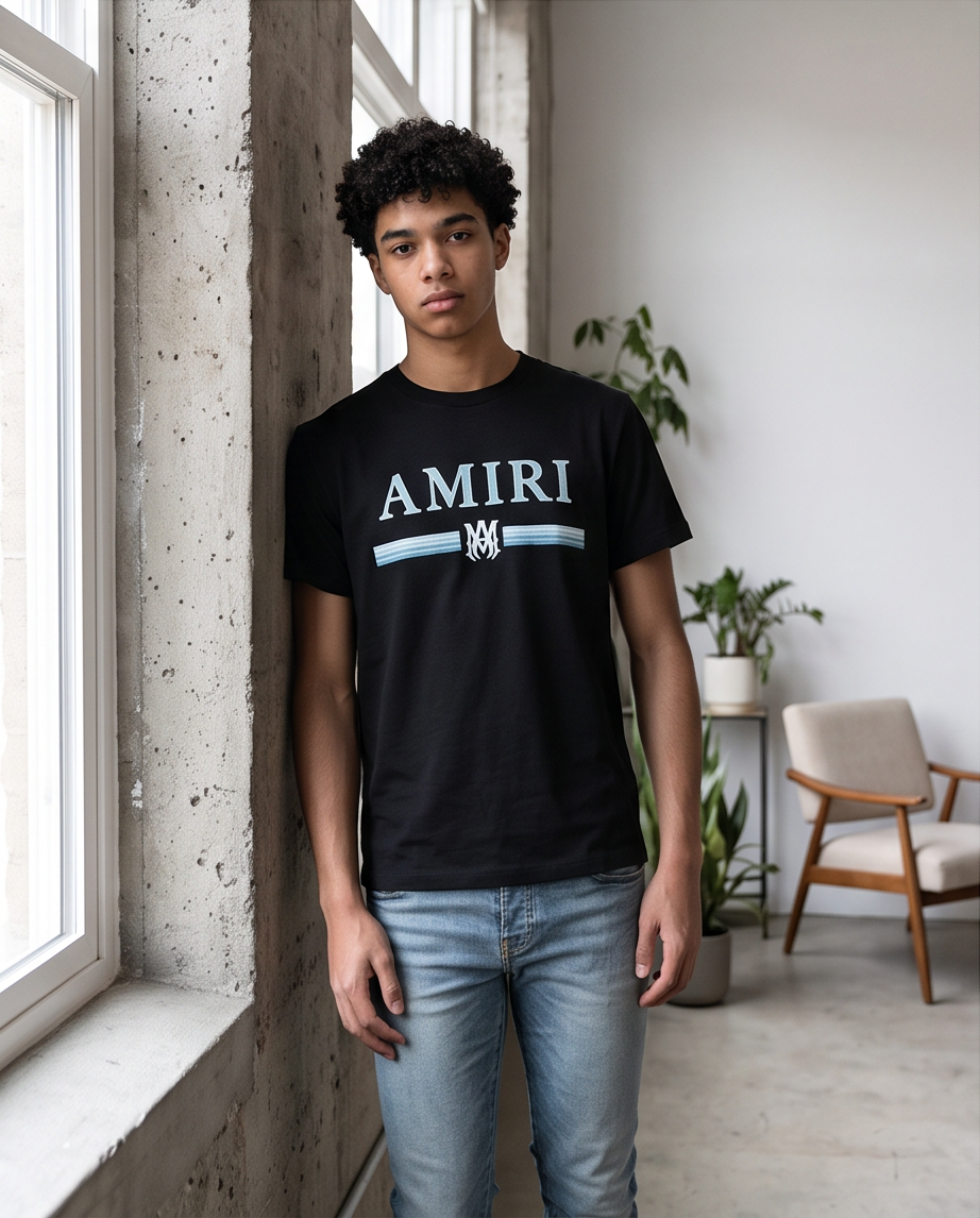 Camiseta Amiri Logo Bar Azul Negra Hombre - Manga Corta Algodón
